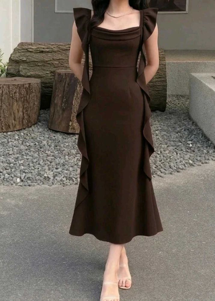 Elegant Brown Ruffled Midi Dress
