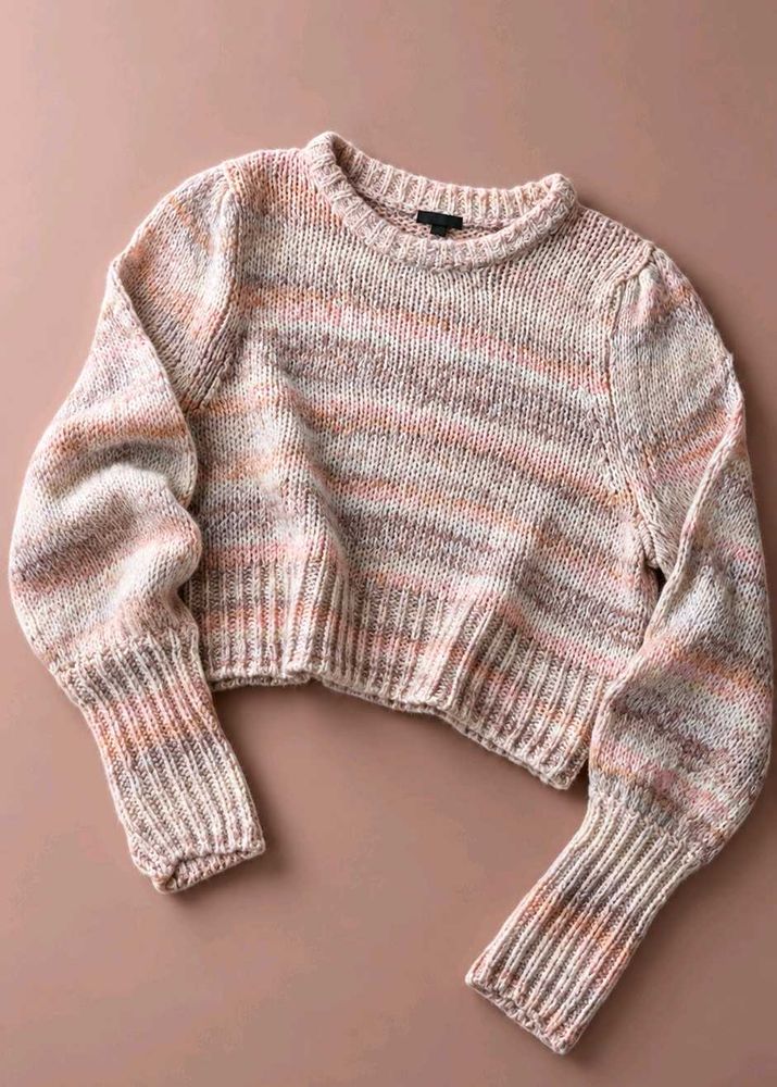 BLUSH PINK &amp; GREY MARLED KNIT CROPPED SWEATER