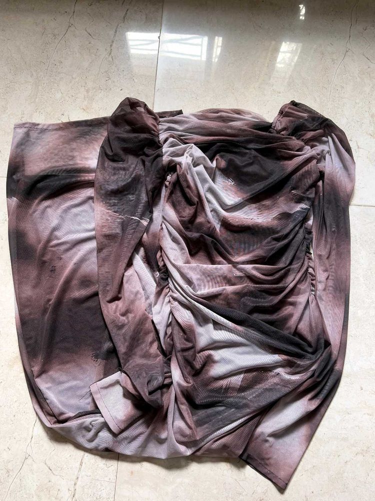 Ruched Tie-Dye Mesh Mini Dress