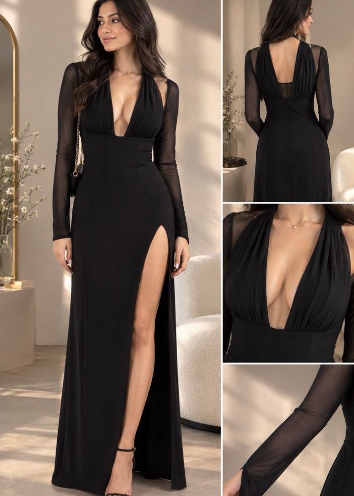 Elegant Black Long Sleeve Maxi Dress