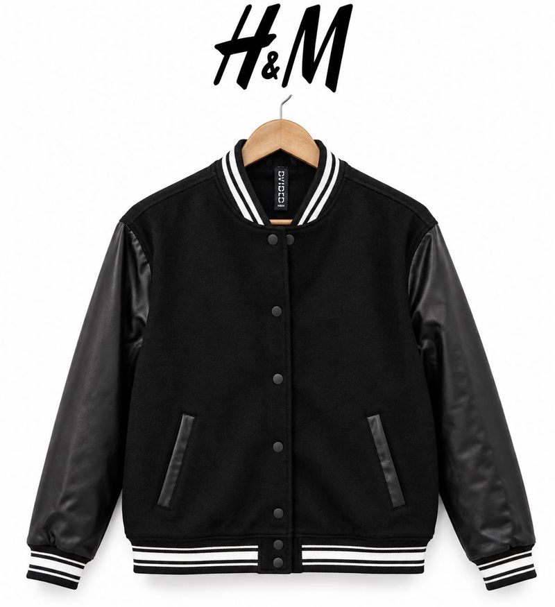 Black Varsity Bomber Jacket with Faux Leather Slee