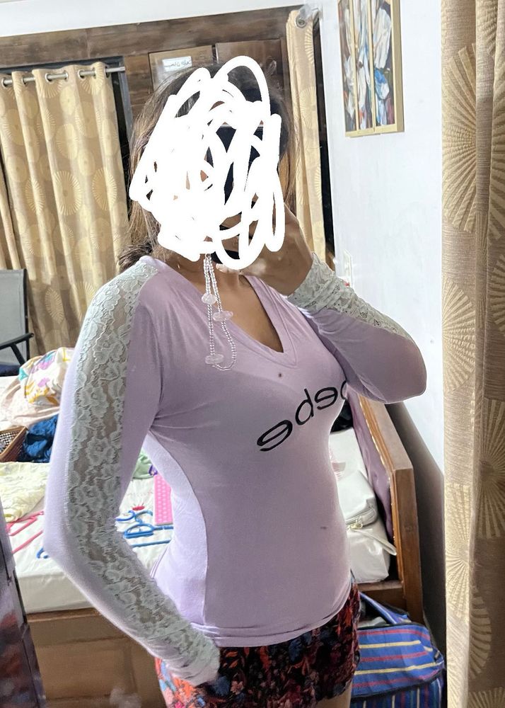 Lilac Lace Sleeve T-Shirt