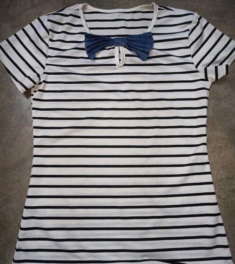 Striped T-Shirt with Denim Bow Detail