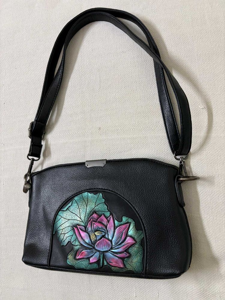 Black Leather Shoulder Bag with Lotus Design