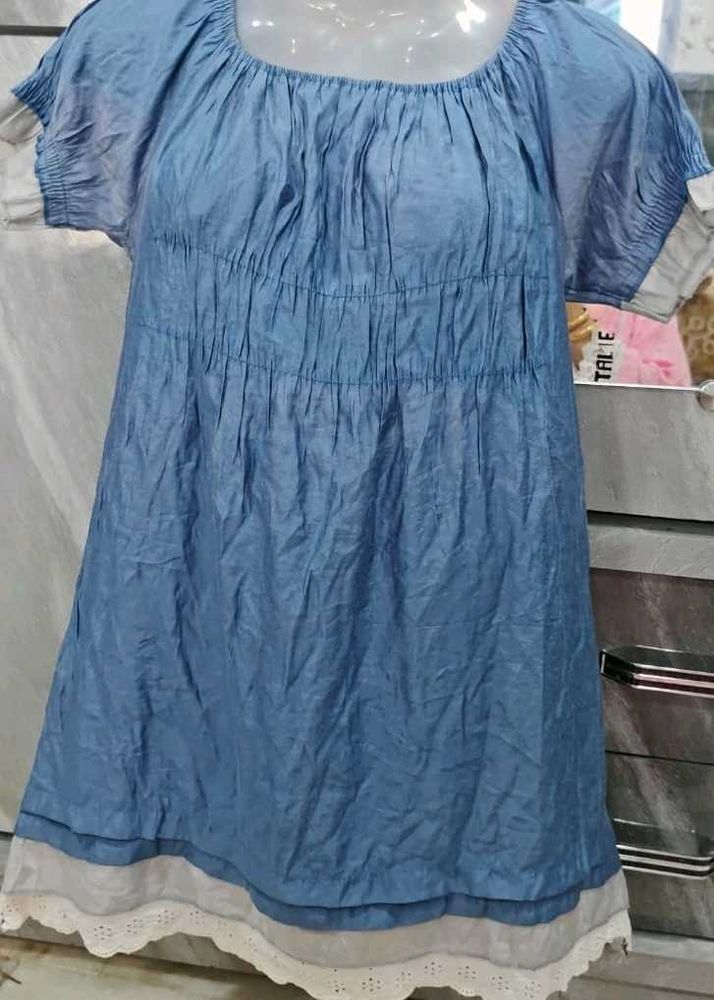 Blue Crinkled Short Sleeve Dress