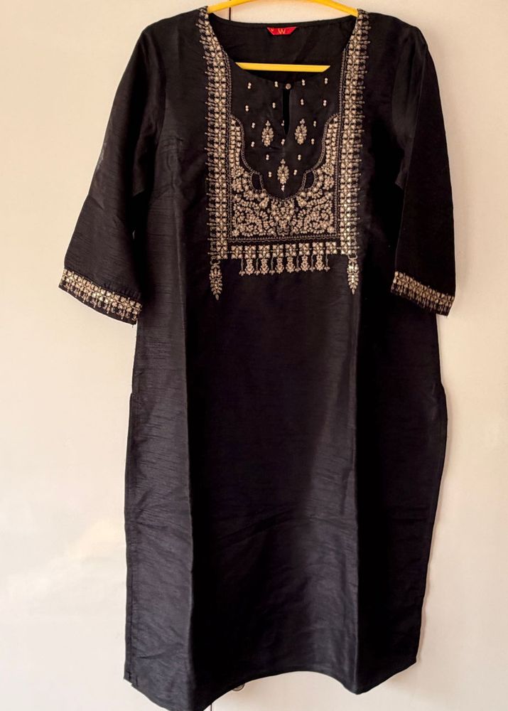 W Black Kurta with Intricate Embroidery