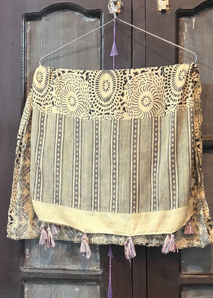 Beige &amp; Black Printed Cotton Scarf with Tassels