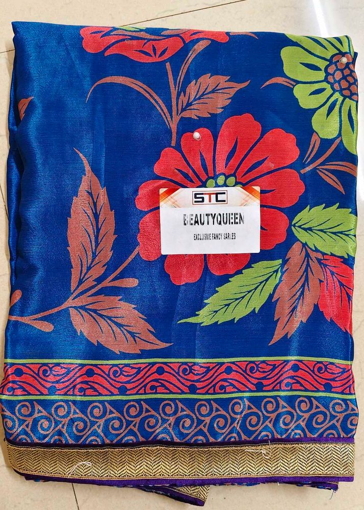 Royal Blue Floral Printed Polyester Silk Saree