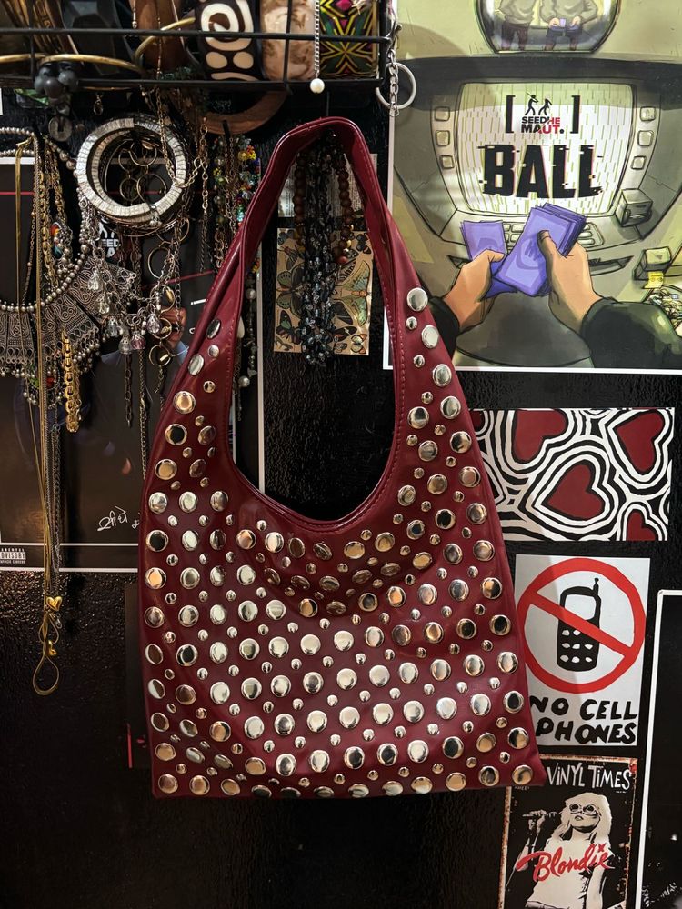Studded Maroon Hobo Bag