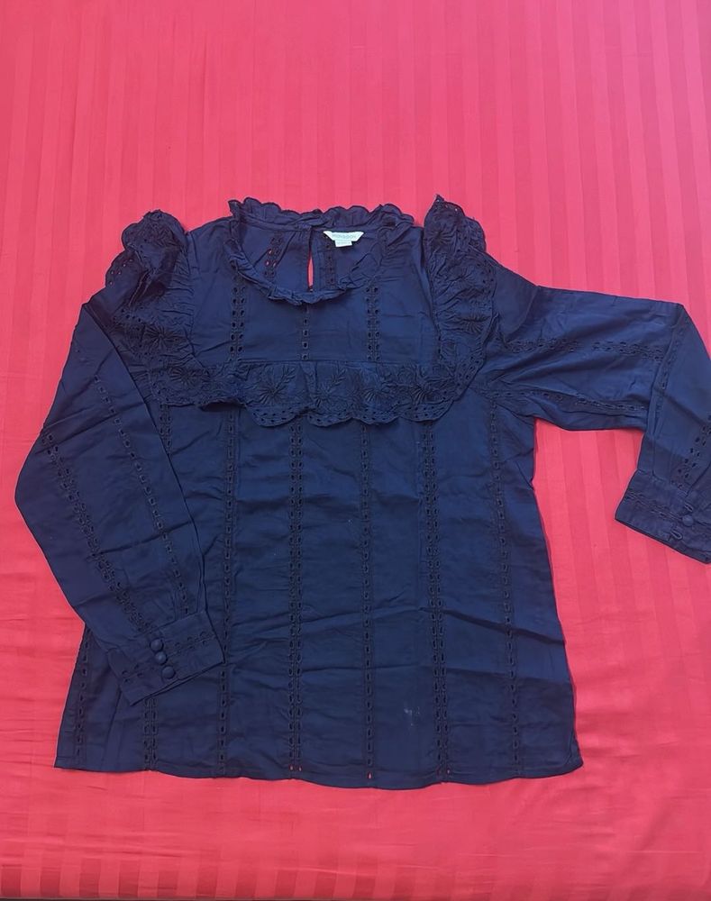 Navy Eyelet Ruffle Blouse