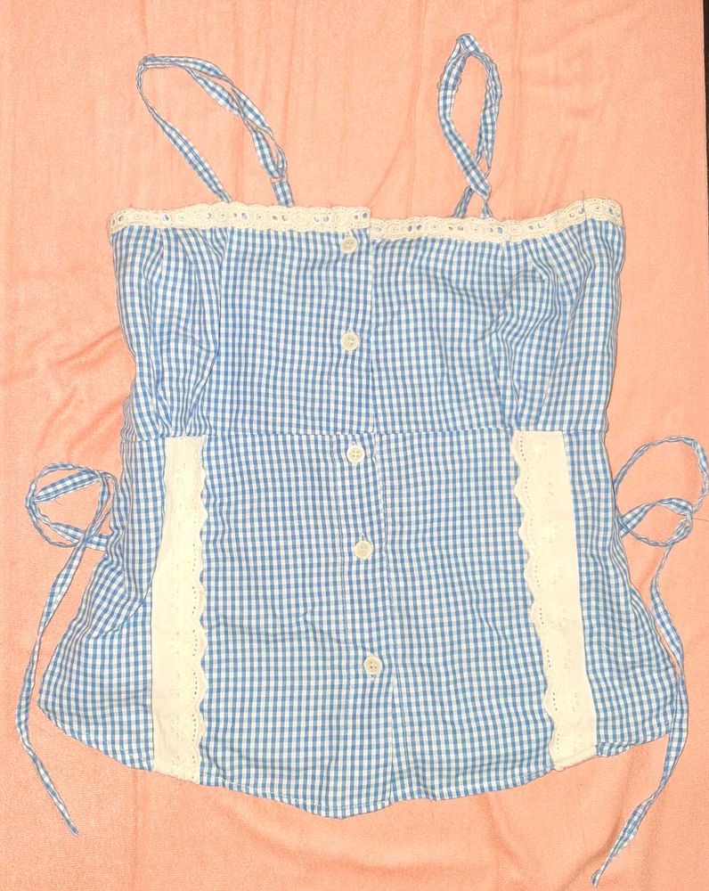 Blue Gingham Crop Top with Lace