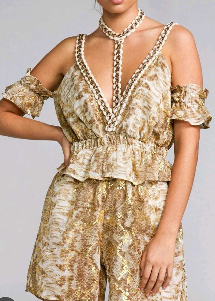 Stunning Gold Print Cold Shoulder romper