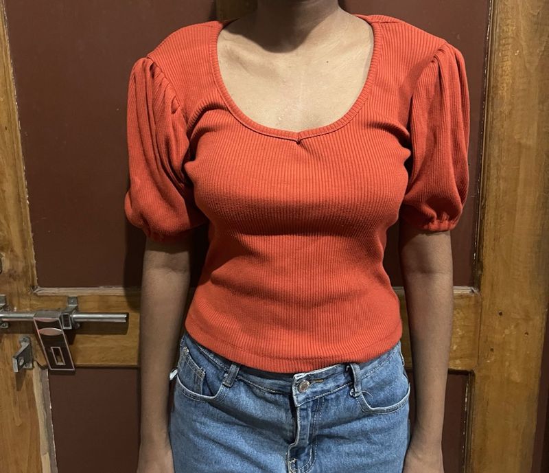 Orange Puff Sleeve Ribbed Top