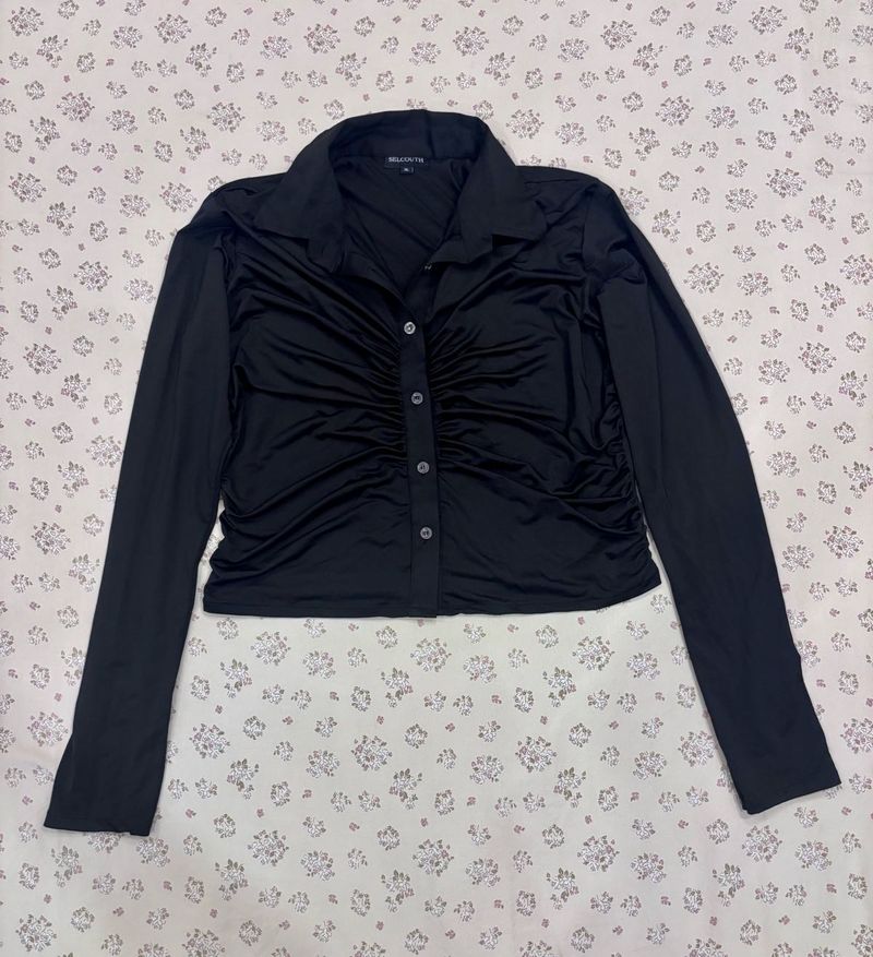 Chic Black Ruched Button-Up Top