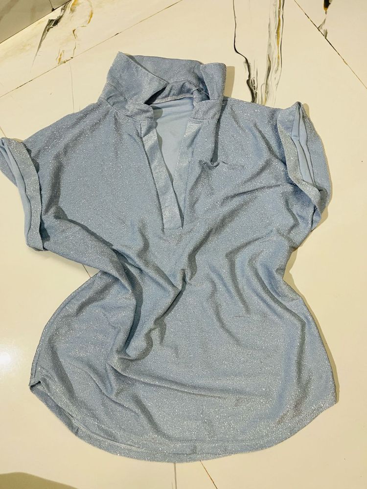 Sparkly Light Blue Collared Top