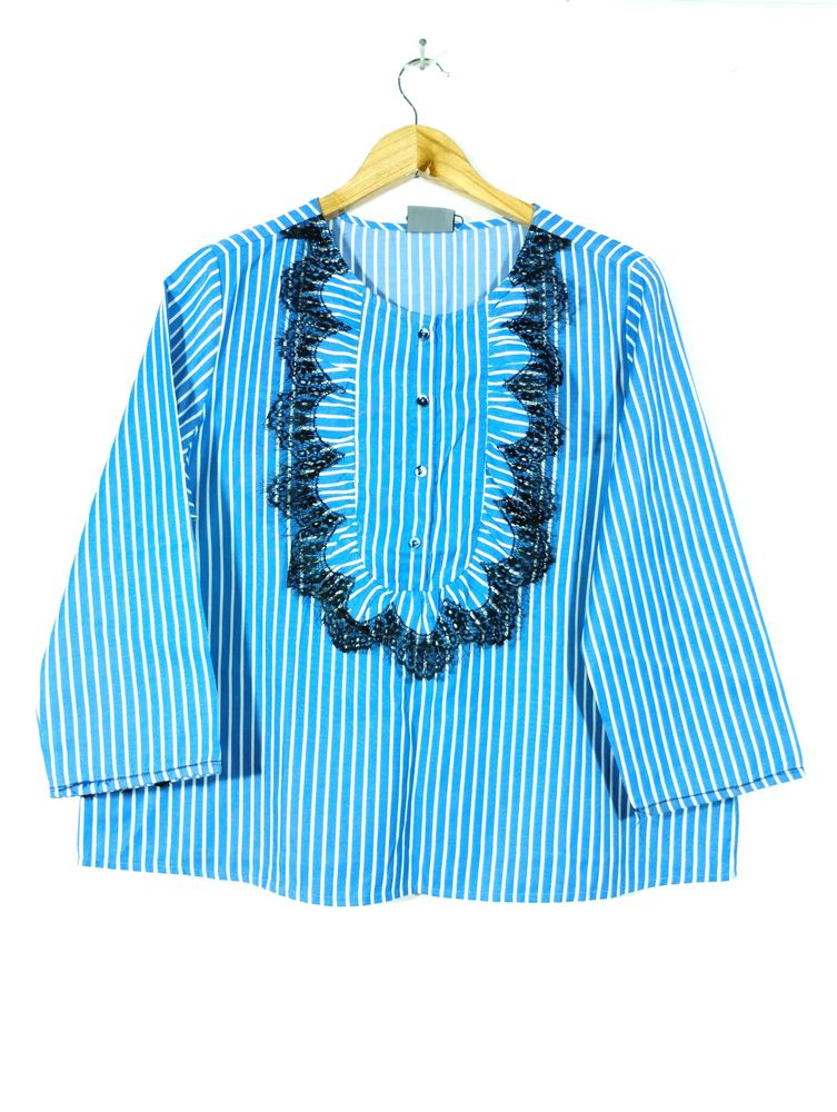 Scoup Blue With White Strips Printed Top (Women)