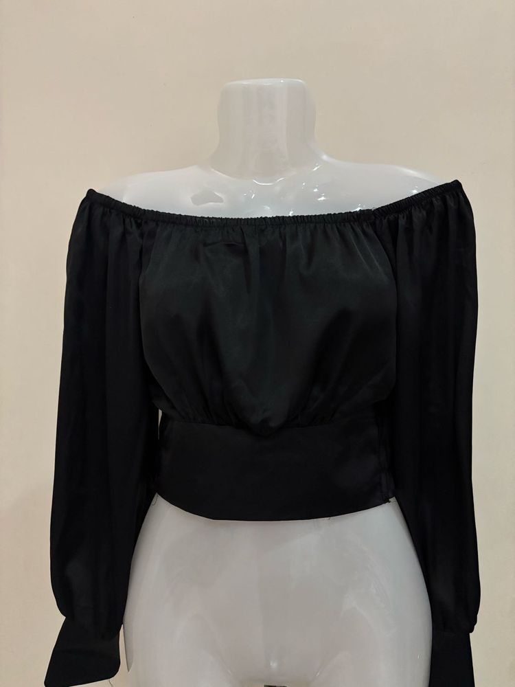 Chic Off-Shoulder Black Satin Top