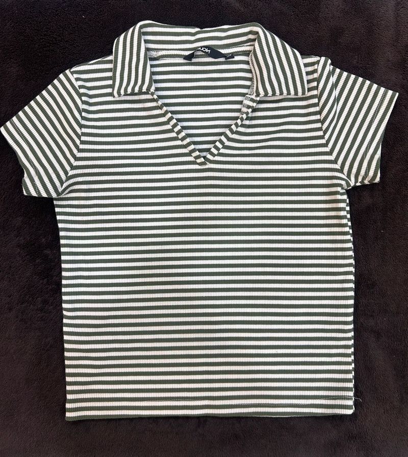Green &amp; White Striped Polo Top