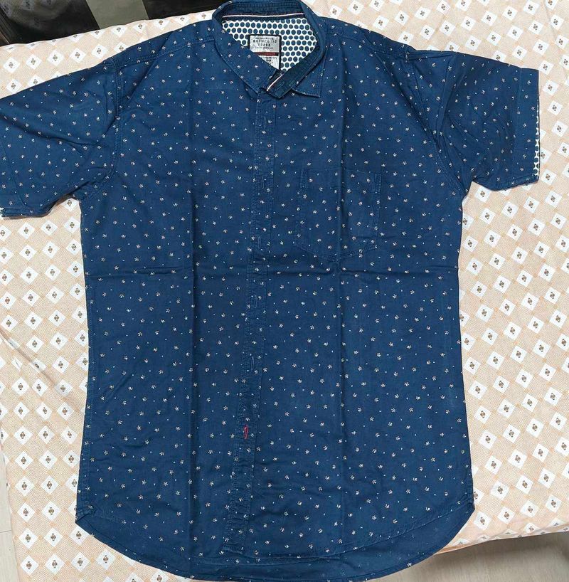 Men's Blue Printed Short Sleeve Shirt