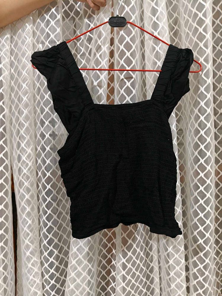 Yousta Black Smocked Square Neck Top
