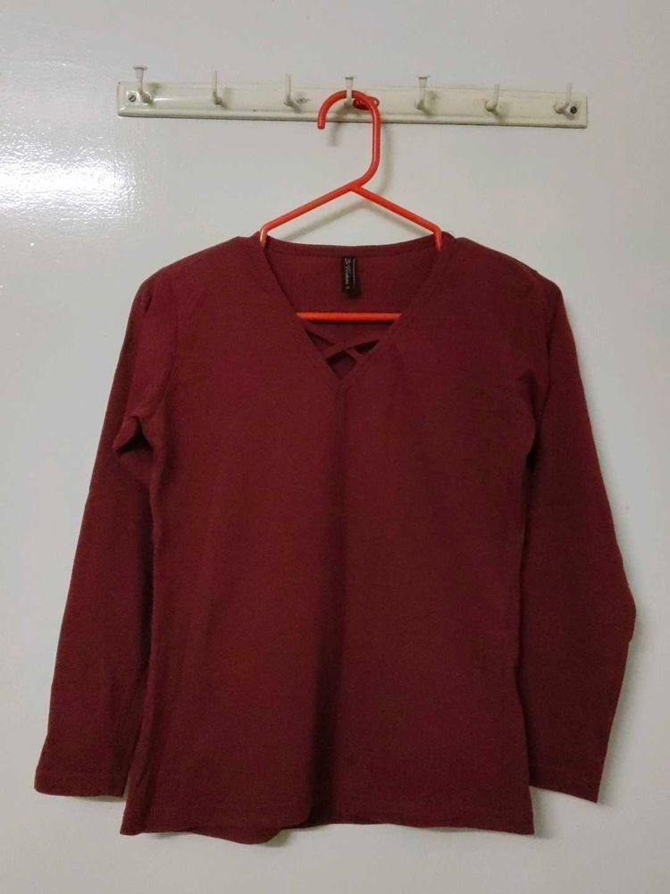 Maroon V-Neck Long Sleeve Top