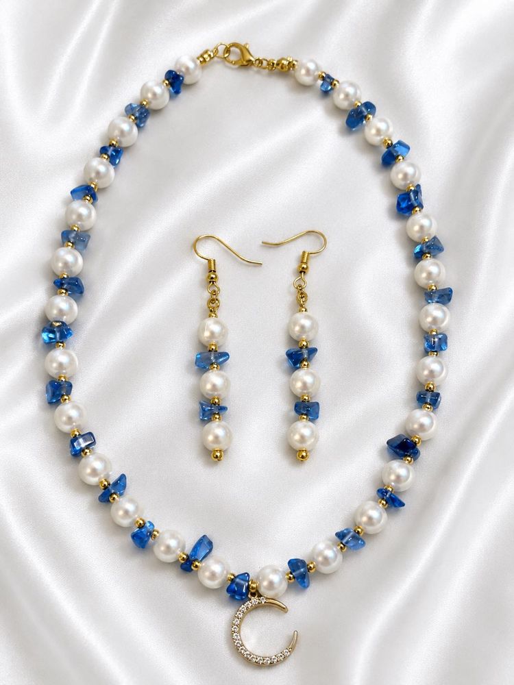 Pearl &amp; Blue Stone Necklace &amp; Earring Set