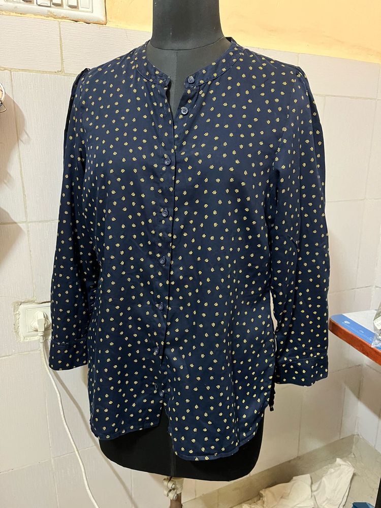Navy Blue Printed Button-Down Shirt