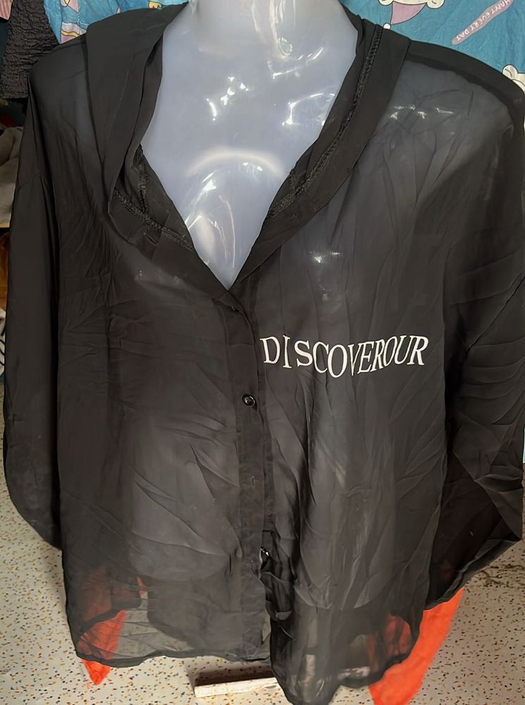 Sheer Black "Discoverour" Button-Up Top