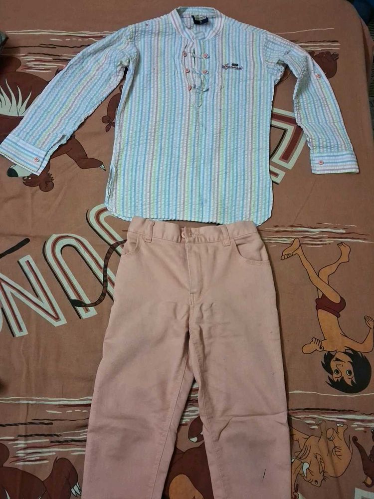 Boy's Striped Kurta and Peach Pants Set