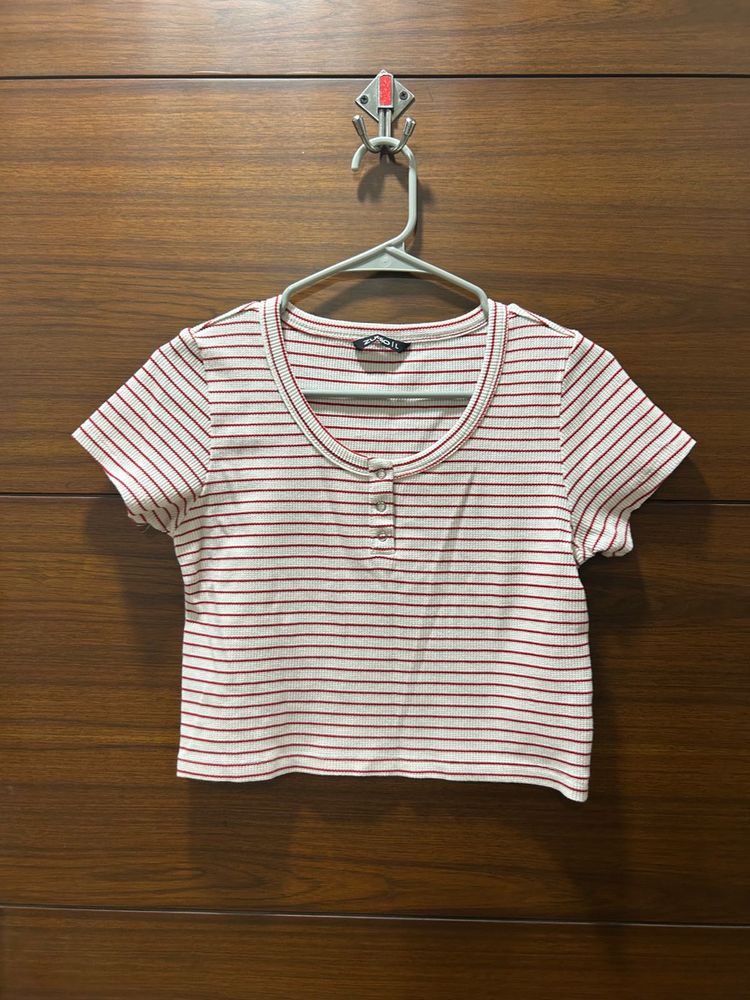 Striped Ribbed Henley Crop Top