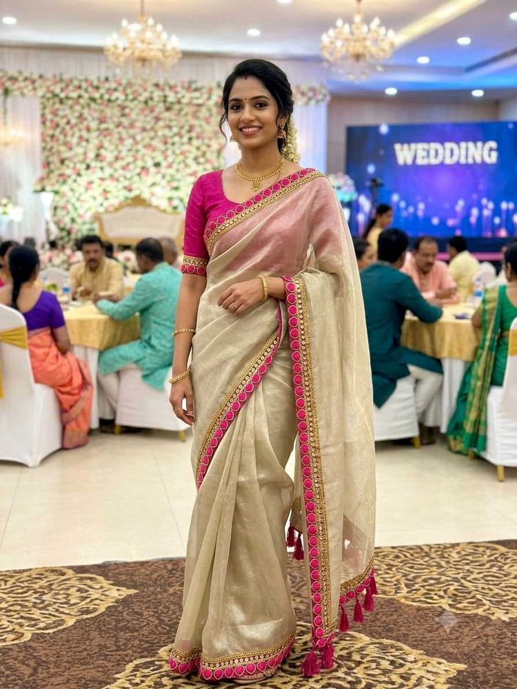 Women's Super Net Saree with Pink Embroidered