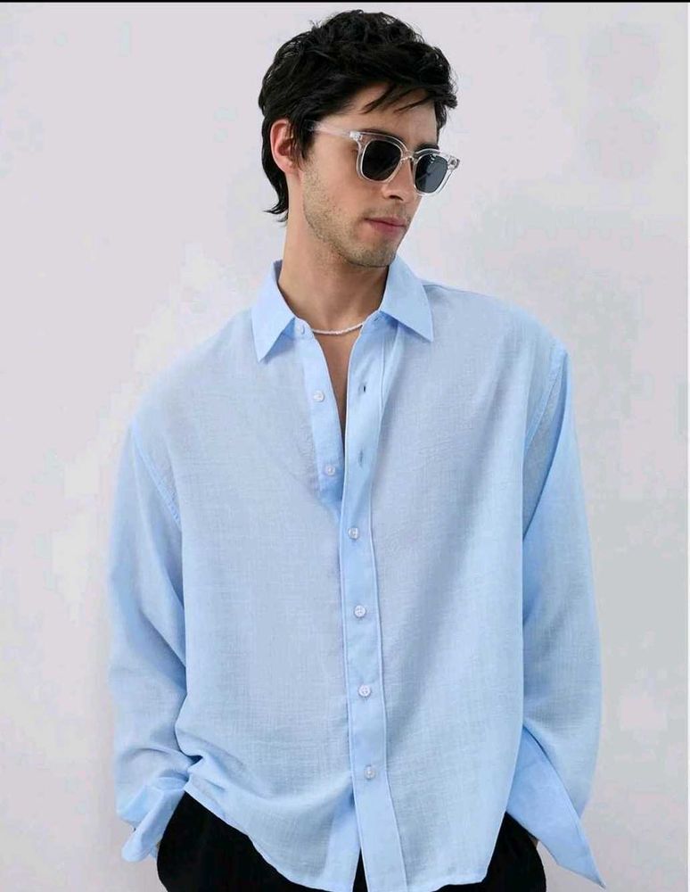 men light blue long sleeve boxy fit shirt