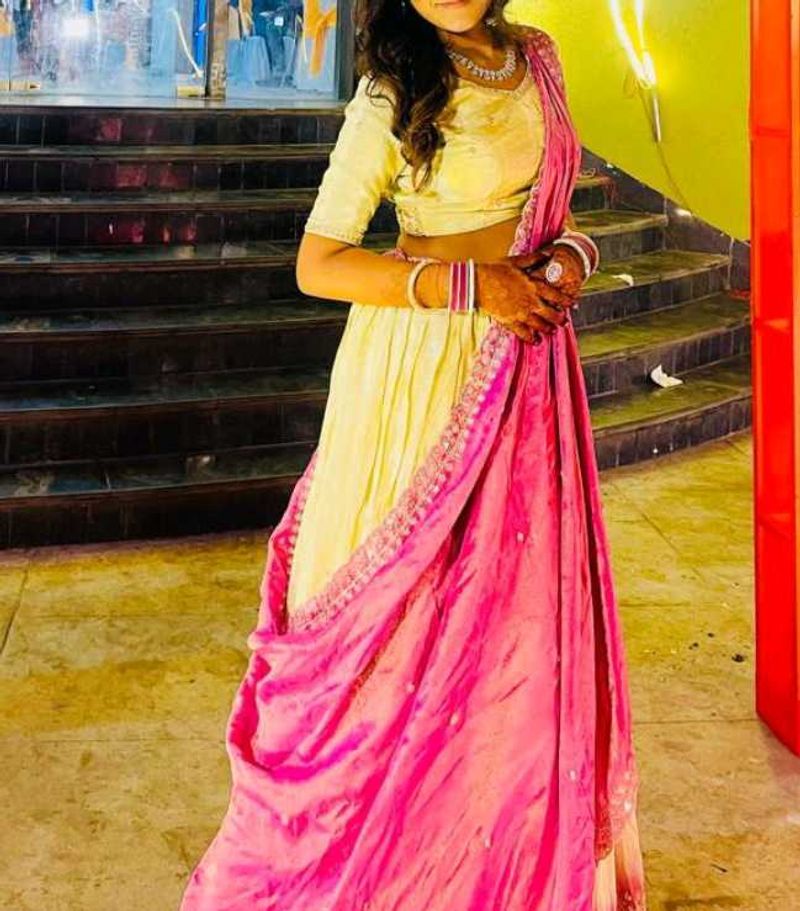 Cream &amp; purple Lehenga choli set