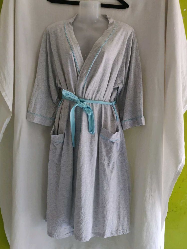 Cozy Grey Robe with Blue Trim