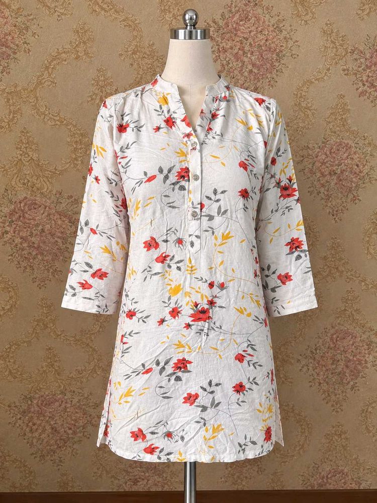 White Floral Print Kurta