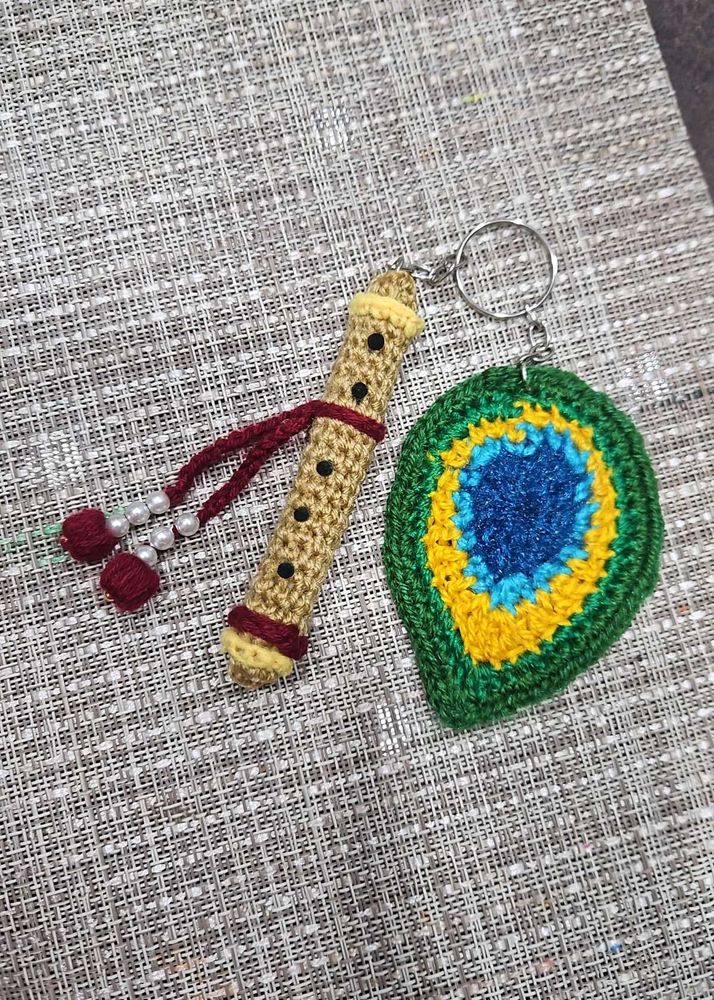Handmade Flute &amp; Peacock Feather Keychain