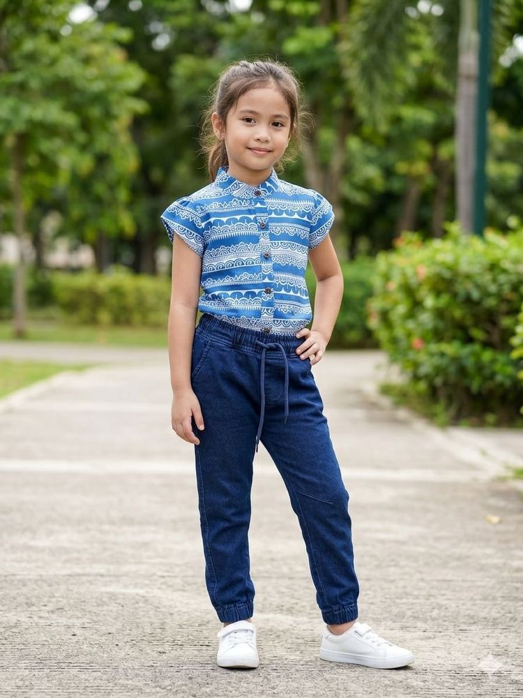 Blue Printed Shirt &amp; Denim Joggers Set