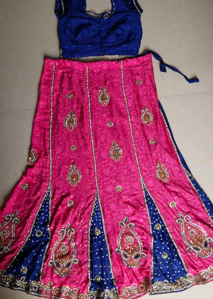 Royal Blue &amp; Pink Embroidered Lehenga