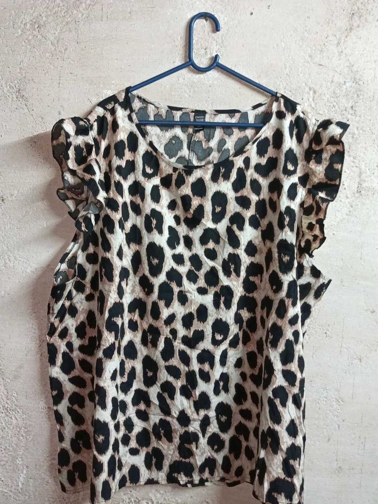 Leopard Print Ruffle Sleeve Top Oversized