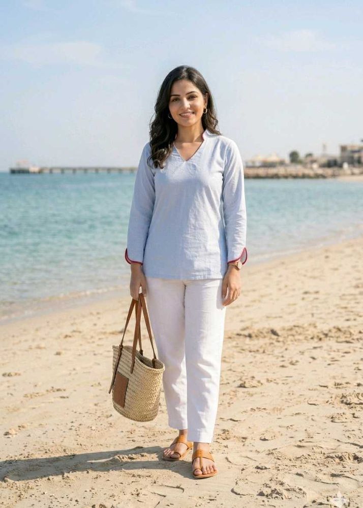 Light Blue Kurta with Red Accents