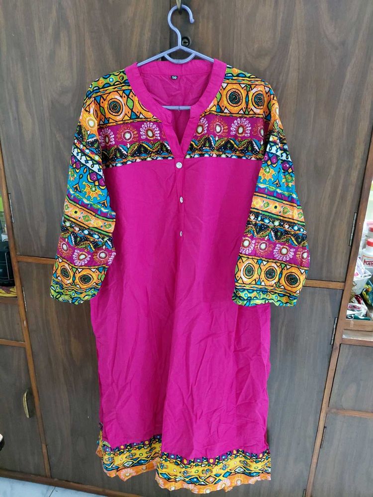 Vibrant Pink Kurta with Colorful Print
