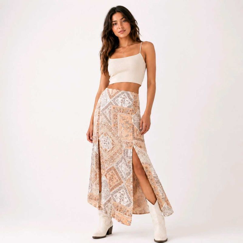 Boho Print Maxi Skirt with Slits