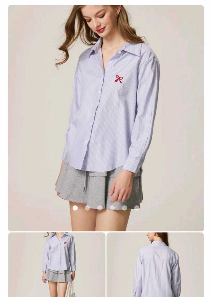Blue Striped Shirt with Red Bow
