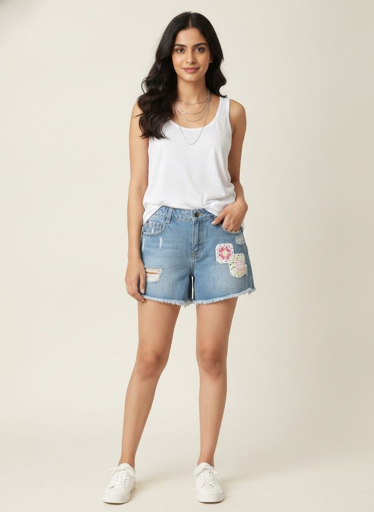 Distressed Denim Shorts with Crochet Patches