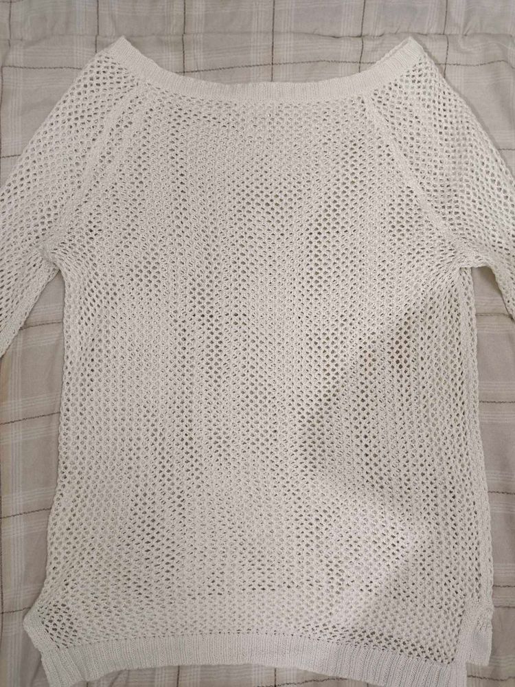 Chic White Mesh Knit Sweater
