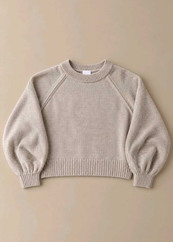GREY CROPPED CREW NECK KNIT SWEATER WITH RIBBED