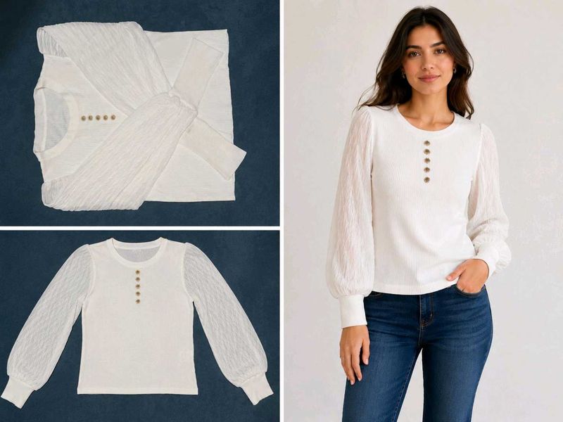 White Textured Sleeve Top