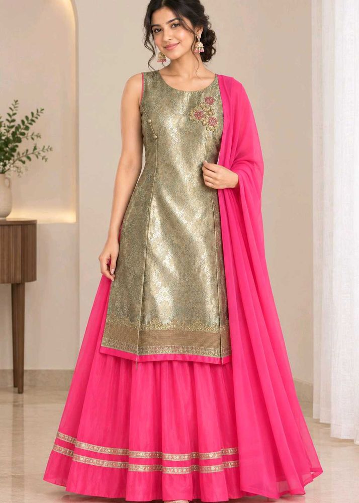 Olive &amp; Rani Pink Brocade Kurti-Lehenga Set