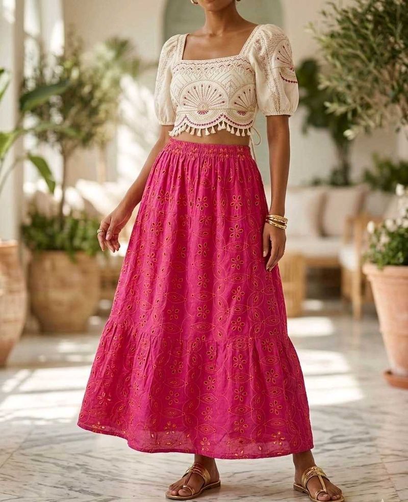 Pink Broderie Anglaise Ethnic Skirt