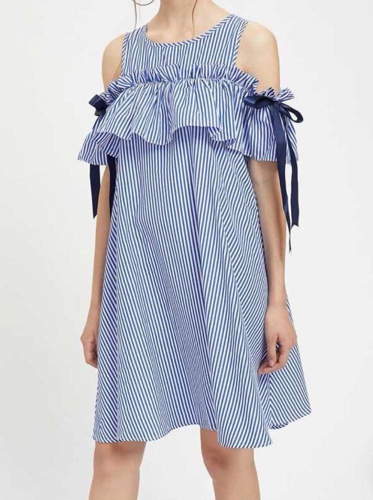 Korean Style Blue Gingham Cold Shoulder Dress